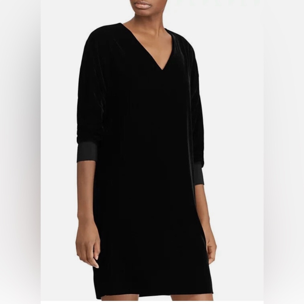 Lauren Ralph Lauren black velvet V neck dressss Dolman cuffed sleeve size 12.